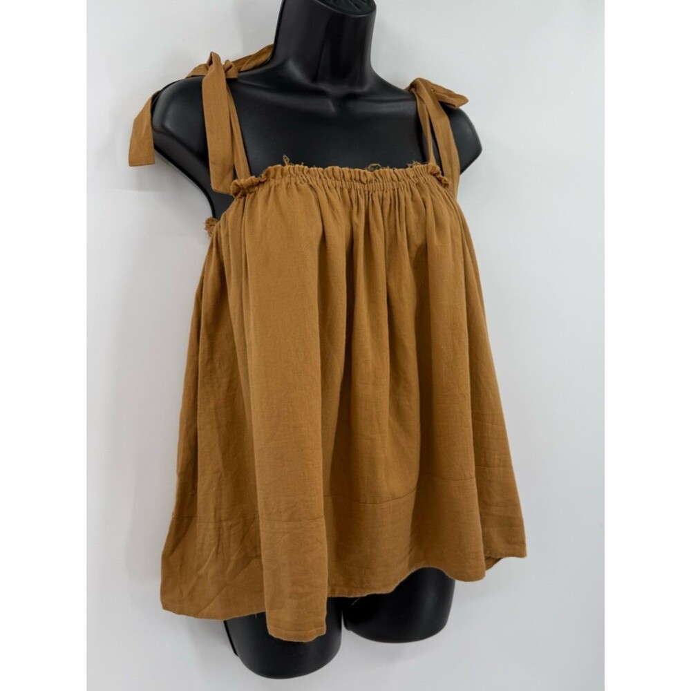 Loup Charmant Organic Cotton Tie Shoulder Gathered Top | Ochre | Medium